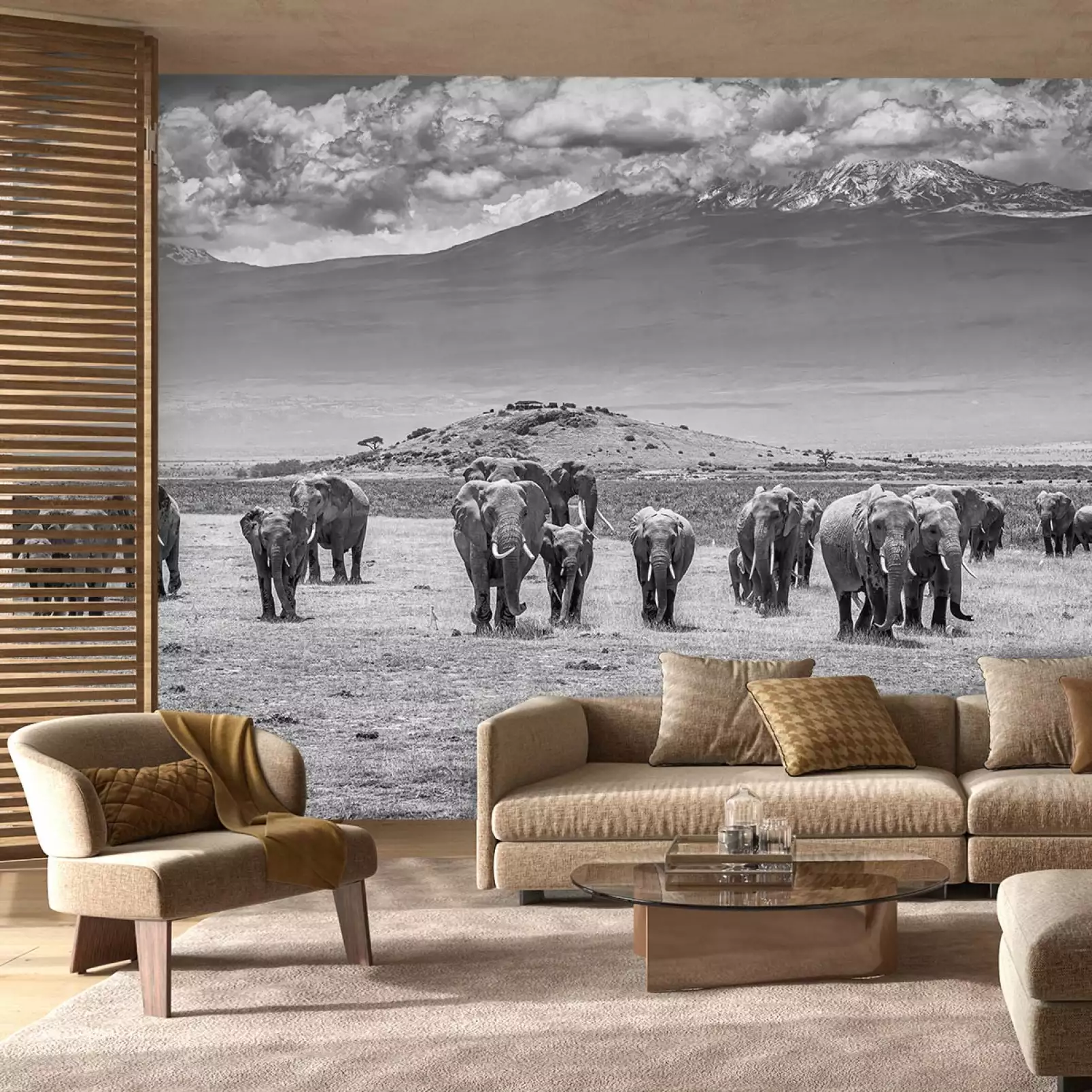 tapisserie-panoramique-savane-noir-et-blanc-elephants-devant-le-kilimanjaro